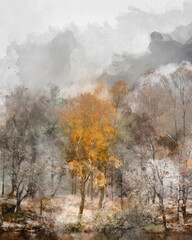 Fototapeta na wymiar Digital watercolour painting of Beautiful mody Autumn Fall landscape of woodland with mist fog during early morning