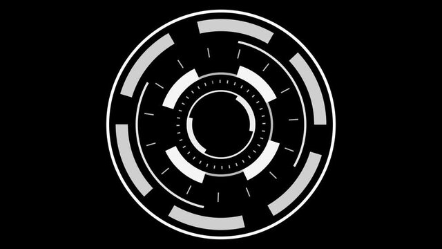 White Circular HUD reload and shoot. Hologram animation spinning on a black background. Game control element. Head-Up Display concept. Technology user interface.