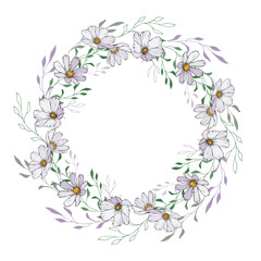 Wreath of white flowers. Round frame with cosmos flowers on white background. Design for your wedding, birthday, saving the date card. For greeting card decoration. Vector stock illustration.