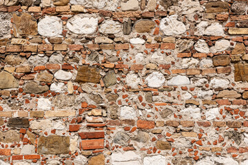 Bricks and stones wall, handcrafted and aged
