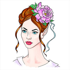 Portrait of a girl with a flower in her hair. Beautiful woman with a peony in her hair. Hairstyle with peonies. Flowers in beautiful long hair. Vector illustration isolated. Fashion illustration