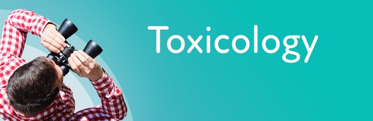 Fototapeta premium Toxicology. Businessman (man) looks through binoculars. Birds eye view. Focus on text. Blue Background. Business, Finance, Statistics, Analysis, Economy
