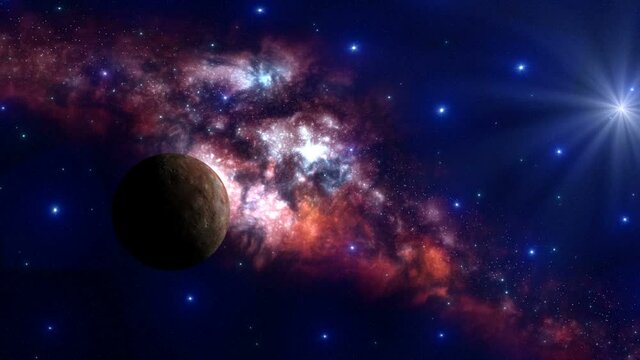 Planet Flying in the Depths of Space. Brown planet flies to meet a bright nebula. Bright blue stars shine on the sky.
