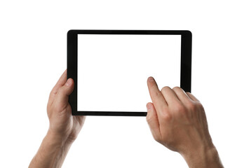 Man using tablet computer with blank screen on white background, closeup. Modern gadget