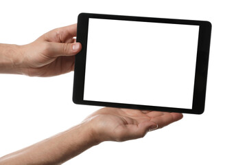 Man holding tablet computer with blank screen on white background, closeup. Modern gadget