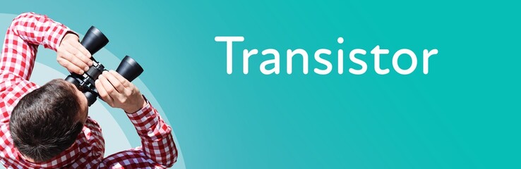 Naklejka premium Transistor. Businessman (man) looks through binoculars. Birds eye view. Focus on text. Blue Background. Business, Finance, Statistics, Analysis, Economy