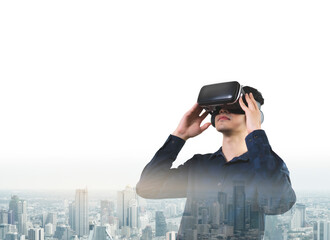 Man in VR virtual reality glasses interacts simulated interface. VR headset augmented reality and big city background. Clean White Copy space double exposure mockup.