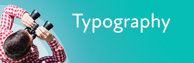 Naklejka premium Typography. Businessman (man) looks through binoculars. Birds eye view. Focus on text. Blue Background. Business, Finance, Statistics, Analysis, Economy