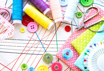 Sewing accessories on a white background