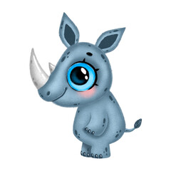 Illustration of a cute cartoon rhino with big eyes isolated on a white background