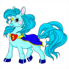 Cute cartoon pony character. Pony baby superhero. Vector isolated on white background. Fairytale pony in a superhero cloak.