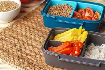 Two lunch boxes with cooked groats and cut vegetables