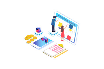 Modern Isometric Business analysis concept banner with characters. Can use for web banner, infographics, hero images. Flat isometric vector illustration isolated on white background.