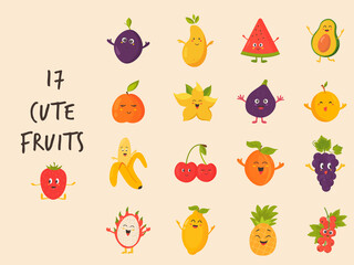 Big bundle of cute fruits characters. Vector illustration