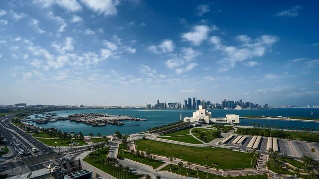 Doha skyline Mia wide cloudy time lapse