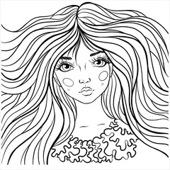 Cartoon character girl with long hair. Page for coloring book. Vector isolated girl with beautiful hair. Element for creativity. Painting for coloring.