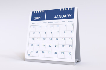 3D Rendering - Calendar for January. 2021 Monthly calendar week starts on sunday.