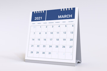 3D Rendering - Calendar for March. 2021 Monthly calendar week starts on sunday.
