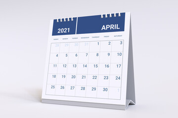 3D Rendering - Calendar for April. 2021 Monthly calendar week starts on sunday.