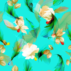Seamless floral background pattern. Abstract flowers with feather, leaves and red stones on light blue. Art for textile, fabric and other prints purpose. Hand drawn artwork, vector - stock.