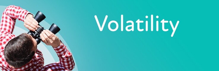 Naklejka premium Volatility. Businessman (man) looks through binoculars. Birds eye view. Focus on text. Blue Background. Business, Finance, Statistics, Analysis, Economy