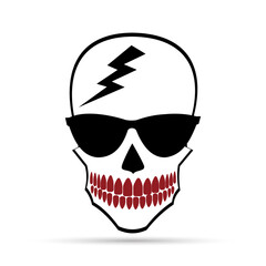 skull in glasses, with red teeth.