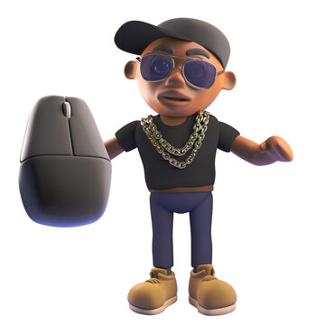 3d black African American hip hop rapper in baseball cap holding a computer mouse