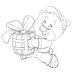 sketch of a little bear who carries a keg of honey tied with a festive bow, coloring, isolated object on a white background, vector illustration,