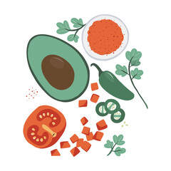avocado guacamole dip elements. cooking process. for prints, designs, postcards, menus, food ferries. flat cartoon style. hand drawn isolated on a white background