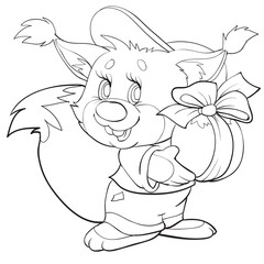 sketch of a cute squirrel that holds in its paws a big nut tied with a festive ribbon, coloring, isolated object on a white background, vector illustration,