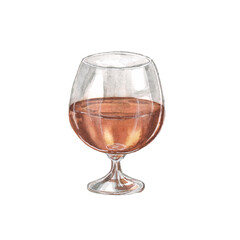 Watercolor illustration of a glass of cognac on a white background
