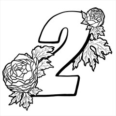Decorative number 2 for coloring. Coloring book page, element of creativity. The figure with peony flowers. Vector digit isolated on white background.