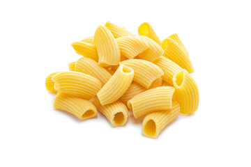 Uncooked rigatoni egg pasta isolated on a white background