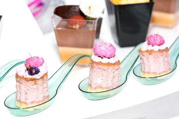 Mini snacks for buffet and banquet in a plastic bowl on a white background.