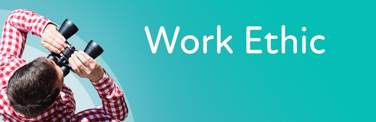 Fototapeta premium Work Ethic. Businessman (man) looks through binoculars. Birds eye view. Focus on text. Blue Background. Business, Finance, Statistics, Analysis, Economy