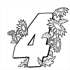 Decorative number 4 for coloring. Coloring book page, element of creativity. Drawing with camomiles. Wildflowers. Vector digit isolated on a white background.