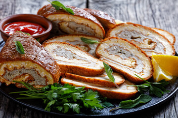 close-up of Omelet cheese Roll with minced meat