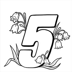 Decorative number 5 for coloring. Coloring book page, element of creativity. Figure with bells. Vector digit isolated on a white background.