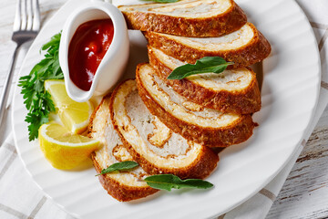 close-up of Omelet cheese Roll with minced meat