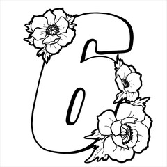 Decorative number 6 for coloring. Coloring book page, element of creativity. Drawing with anemones. Vector digit isolated on a white background.