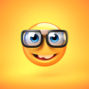 Nerd emoji isolated on yellow background, emoticon with nerd glasses 3d rendering