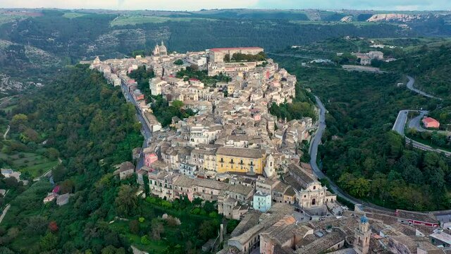 View of Ragusa (Ragusa Ibla), UNESCO heritage town on Italian island of Sicily. View from above of the city in Ragusa Ibla, Province of Ragusa, Val di Noto, Sicily, Italy.