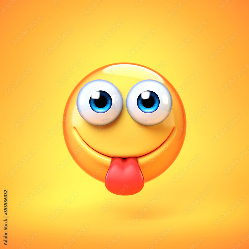 Wall mural yummy emoji isolated on yellow background, sticking tongue emoticon 3d rendering