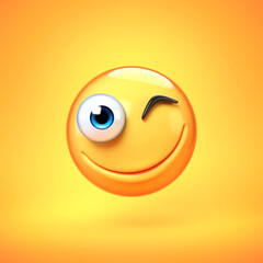 Winking emoji isolated on yellow background, smiling face emoticon 3d rendering