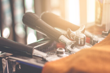 closeup coffee making tools in coffeeshop.