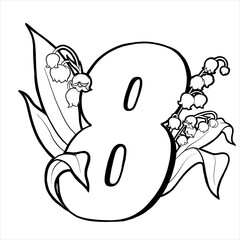 Number eight with lilies of the valley. Page for children's creativity. Coloring book page. Flowers and numbers. Decorative vector numbers. Vector isolated on white background.