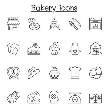 Bakery icons set in thin line style