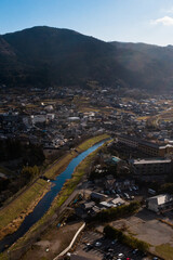 Japan Yufuin aerial village mountain view scene from above