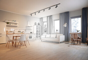 Modern kitchen with new stylish furniture. Illustrated interior design