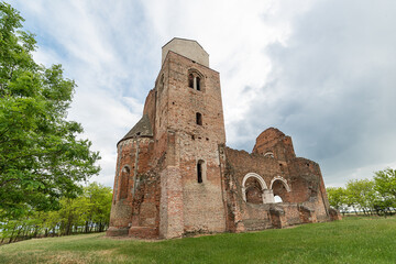 Fototapeta na wymiar Novi Becej, Serbia - May 25, 2020: Arača (Hungarian: Aracs) is a medieval Romanesque church ruin located about 12 km of Novi Bečej, Serbia. It was built around 1230 during of the Kingdom of Hungary.